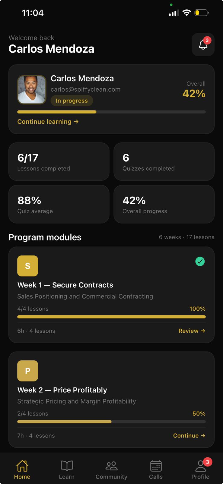 Spiffy Academy mobile dashboard with progress and program modules